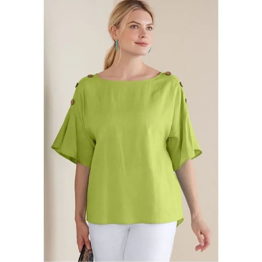 Soft Surroundings Andrea Linen Blend Pullover button shoulder detail size 1X